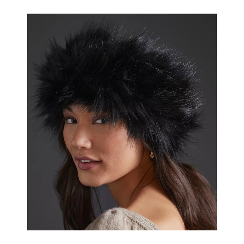 Anthropologie Plush Faux Fur Hat- Black